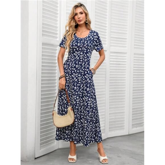 NewCalvaya Bohemian Ditsy Floral Short Sleeve Dress With Pockets, Casual Knit